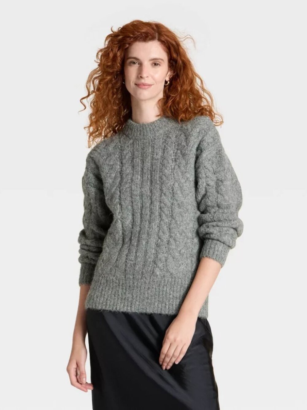 a new day Women's Gray Long Sleeve Cabled Tunic Sweater Ribbed Knit Wool Blend
